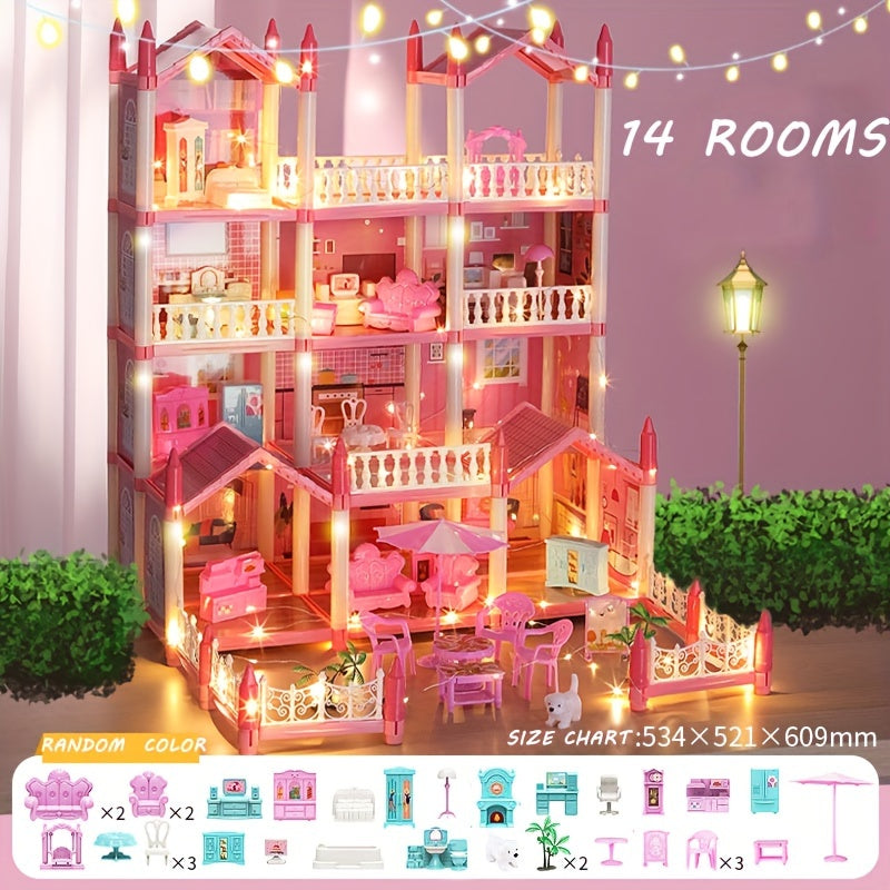 4-Story DIY Dollhouse Playset with Furniture & Figures – Pretend-Play House for Girls (11 Rooms, 4 Dolls)