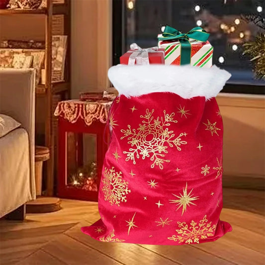 Large Christmas Reindeer Gift Sack – Green & White Drawstring Bag with Snowflake Print for Holiday Presents and Goodies