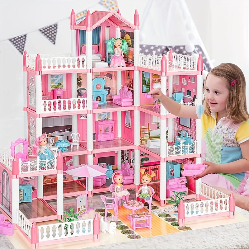 4-Story DIY Dollhouse Playset with Furniture & Figures – Pretend-Play House for Girls (11 Rooms, 4 Dolls)