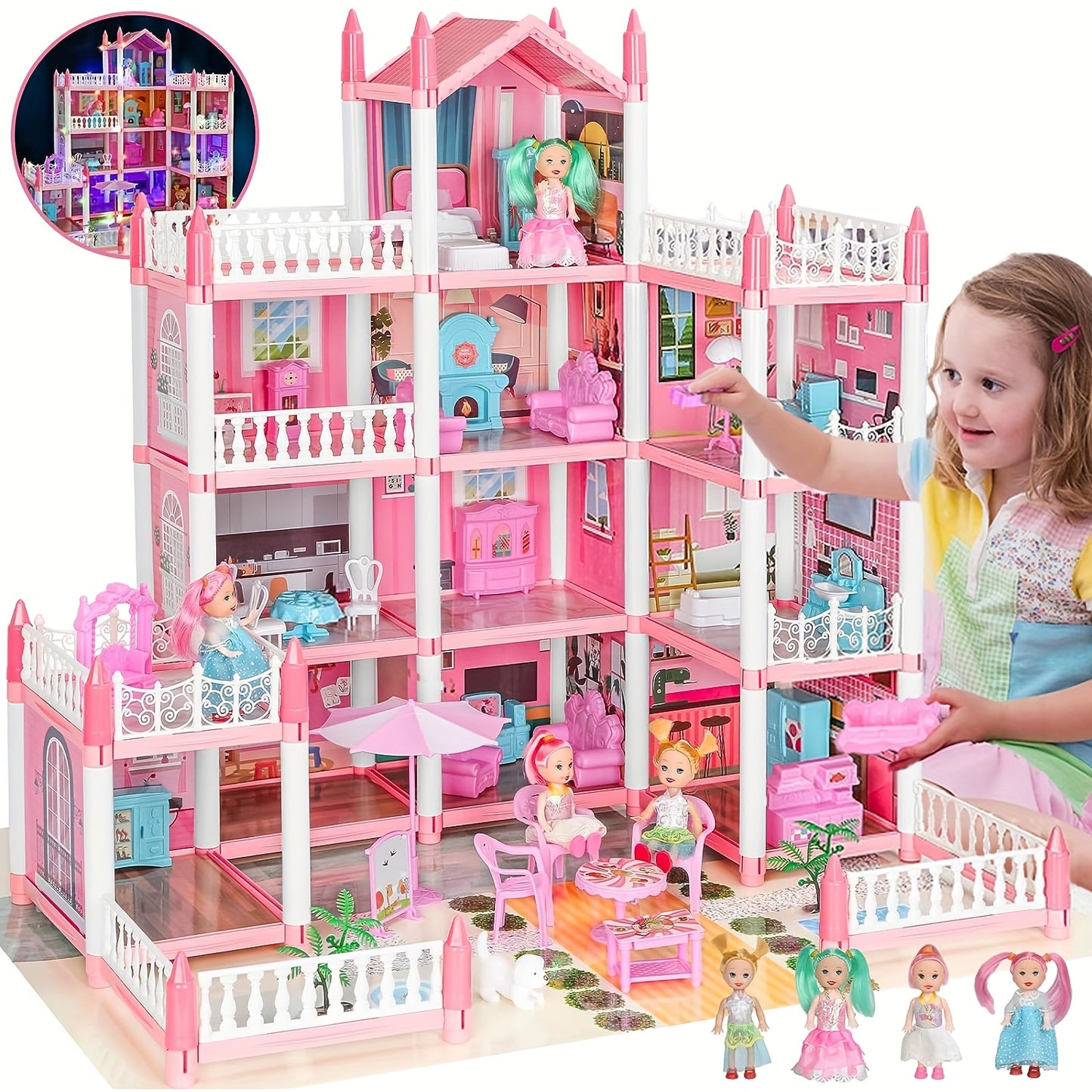 4-Story DIY Dollhouse Playset with Furniture & Figures – Pretend-Play House for Girls (11 Rooms, 4 Dolls)