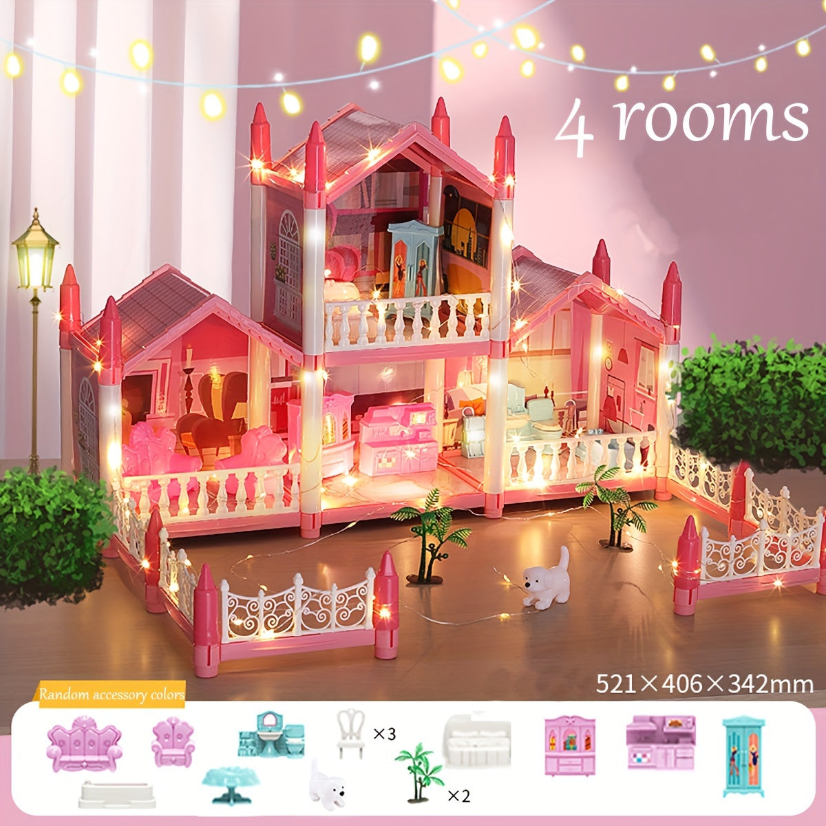 4-Story DIY Dollhouse Playset with Furniture & Figures – Pretend-Play House for Girls (11 Rooms, 4 Dolls)