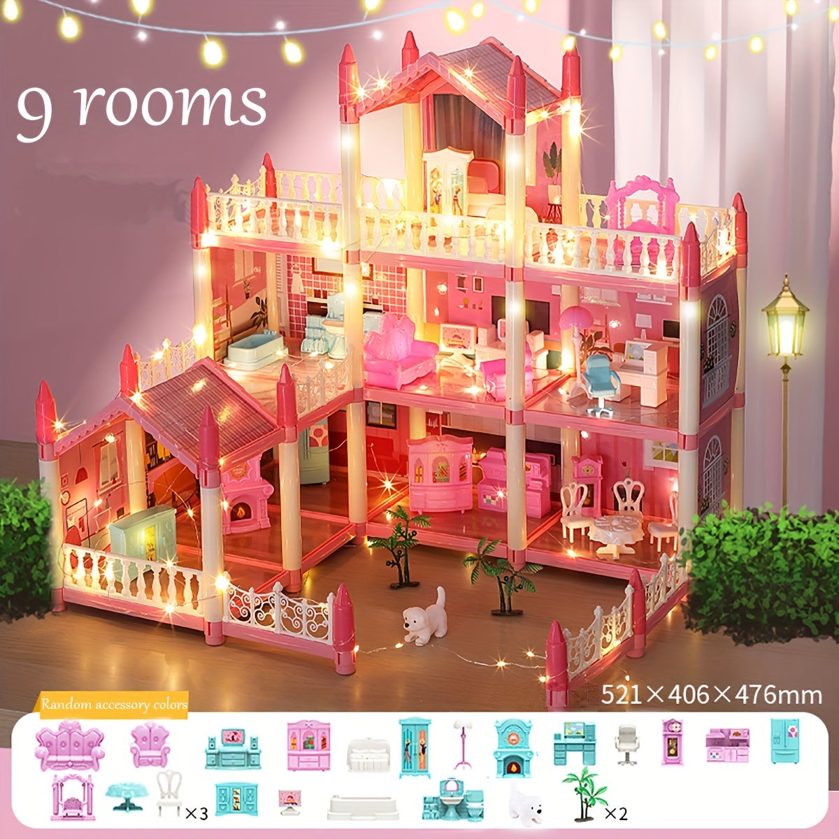 4-Story DIY Dollhouse Playset with Furniture & Figures – Pretend-Play House for Girls (11 Rooms, 4 Dolls)
