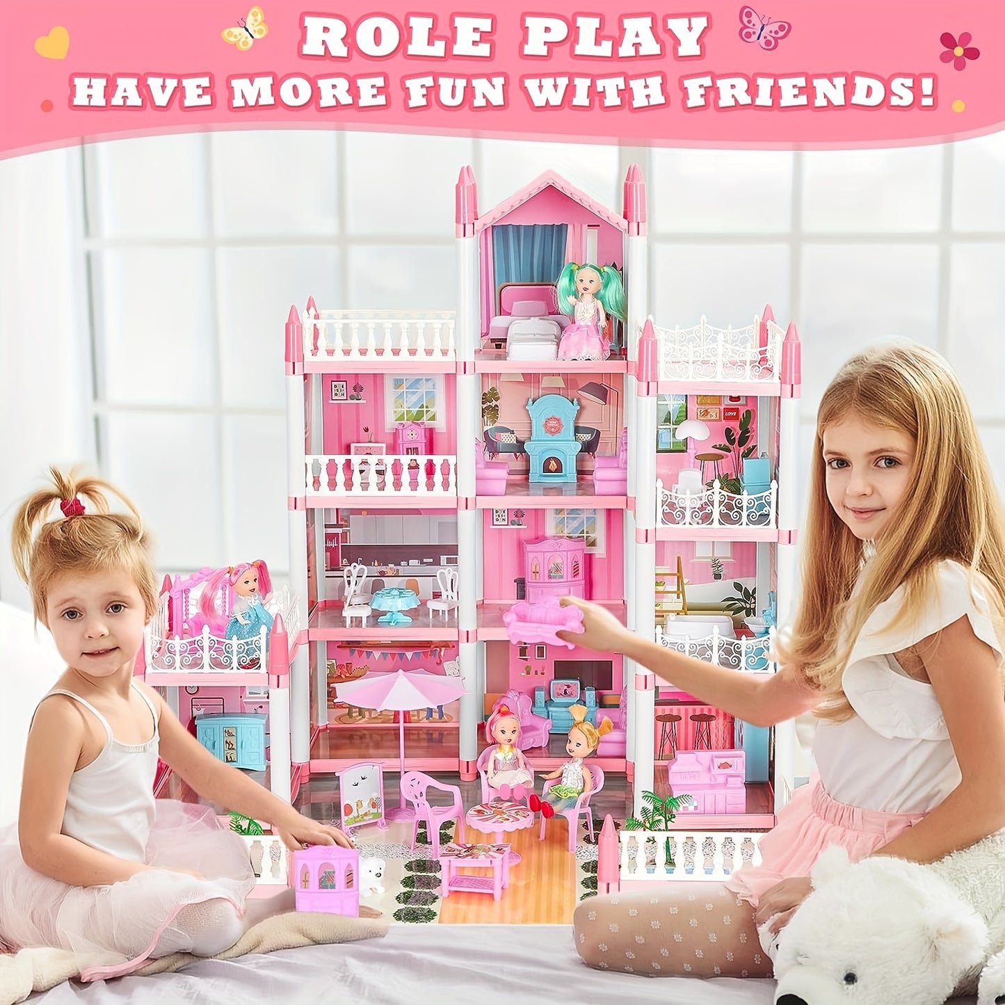 4-Story DIY Dollhouse Playset with Furniture & Figures – Pretend-Play House for Girls (11 Rooms, 4 Dolls)