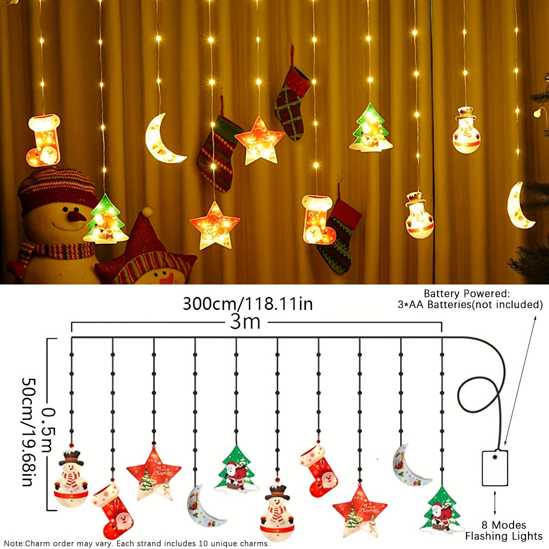 10pcs Christmas Hanging LED Ornament String Lights – 8 Modes