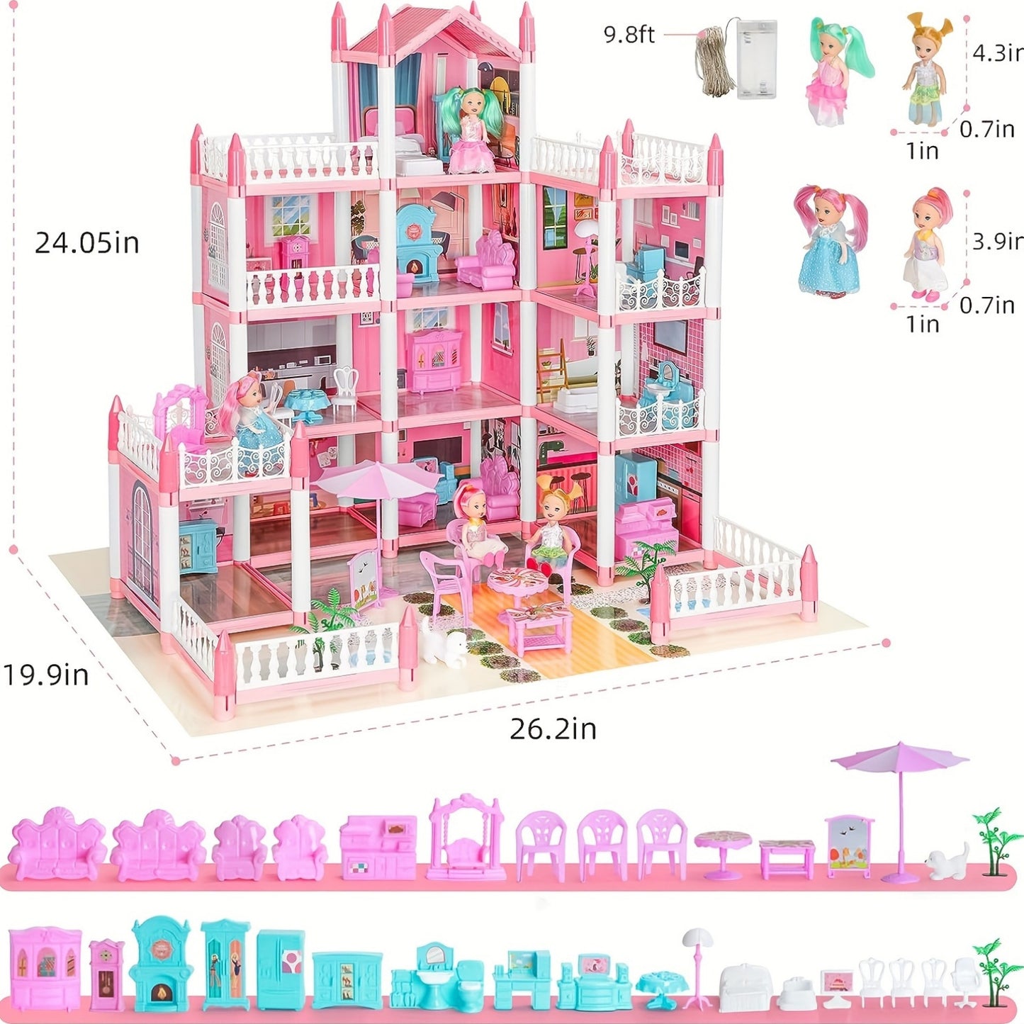 4-Story DIY Dollhouse Playset with Furniture & Figures – Pretend-Play House for Girls (11 Rooms, 4 Dolls)