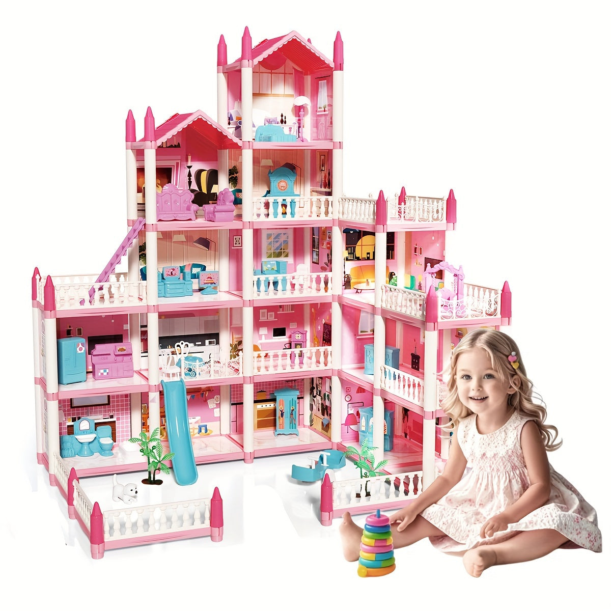 4-Story DIY Dollhouse Playset with Furniture & Figures – Pretend-Play House for Girls (11 Rooms, 4 Dolls)
