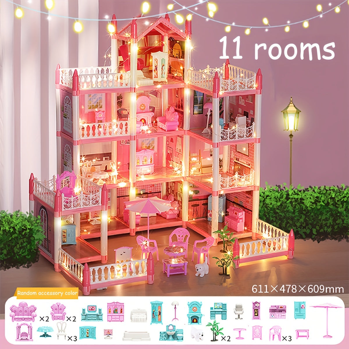 4-Story DIY Dollhouse Playset with Furniture & Figures – Pretend-Play House for Girls (11 Rooms, 4 Dolls)